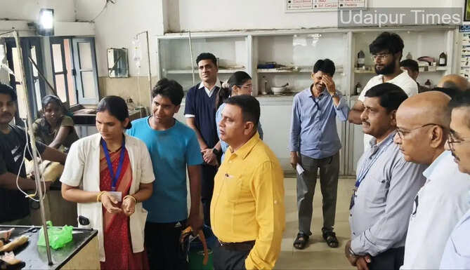 Rajasthan Animal Husbandry Department Principal Secretary Vikas S. Bhale inspecting facilities at the Government Veterinary Hospital in Chetak, Udaipur, while reviewing operation theatre arrangements and interacting with department officials.