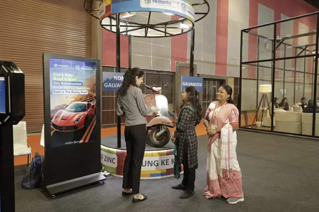 Vintage scooter split into galvanized and non-galvanized halves displayed at Hindustan Zinc’s IITF 2025 ‘Zung Ke Khilaaf Zinc’ pavilion