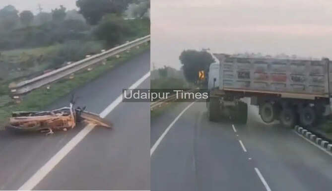 Damaged motorcycle after fatal trailer collision in Rajsamand that killed two women and injured one rider.