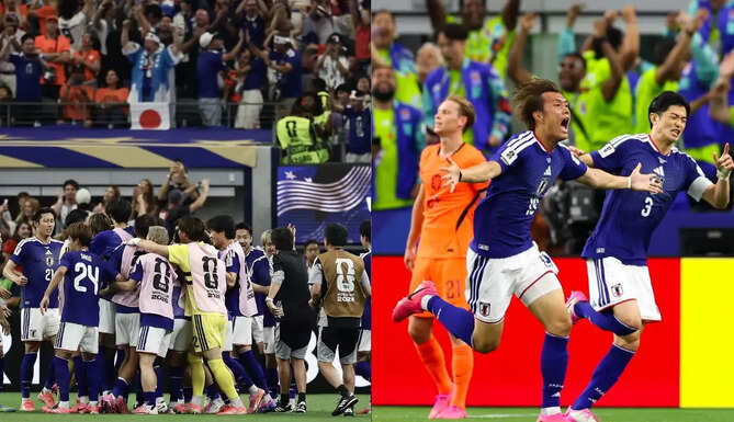 Japan players celebrate Daichi Kamada's late goal during the 2-2 FIFA World Cup draw against the Netherlands at Dallas Stadium.