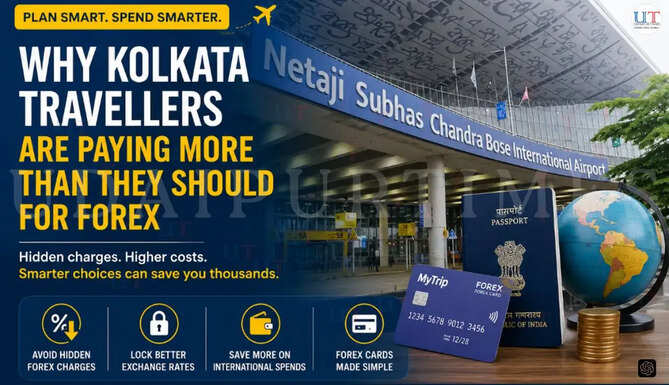 Kolkata traveller using a forex card while planning an international trip and comparing currency exchange rates to avoid hidden forex charges