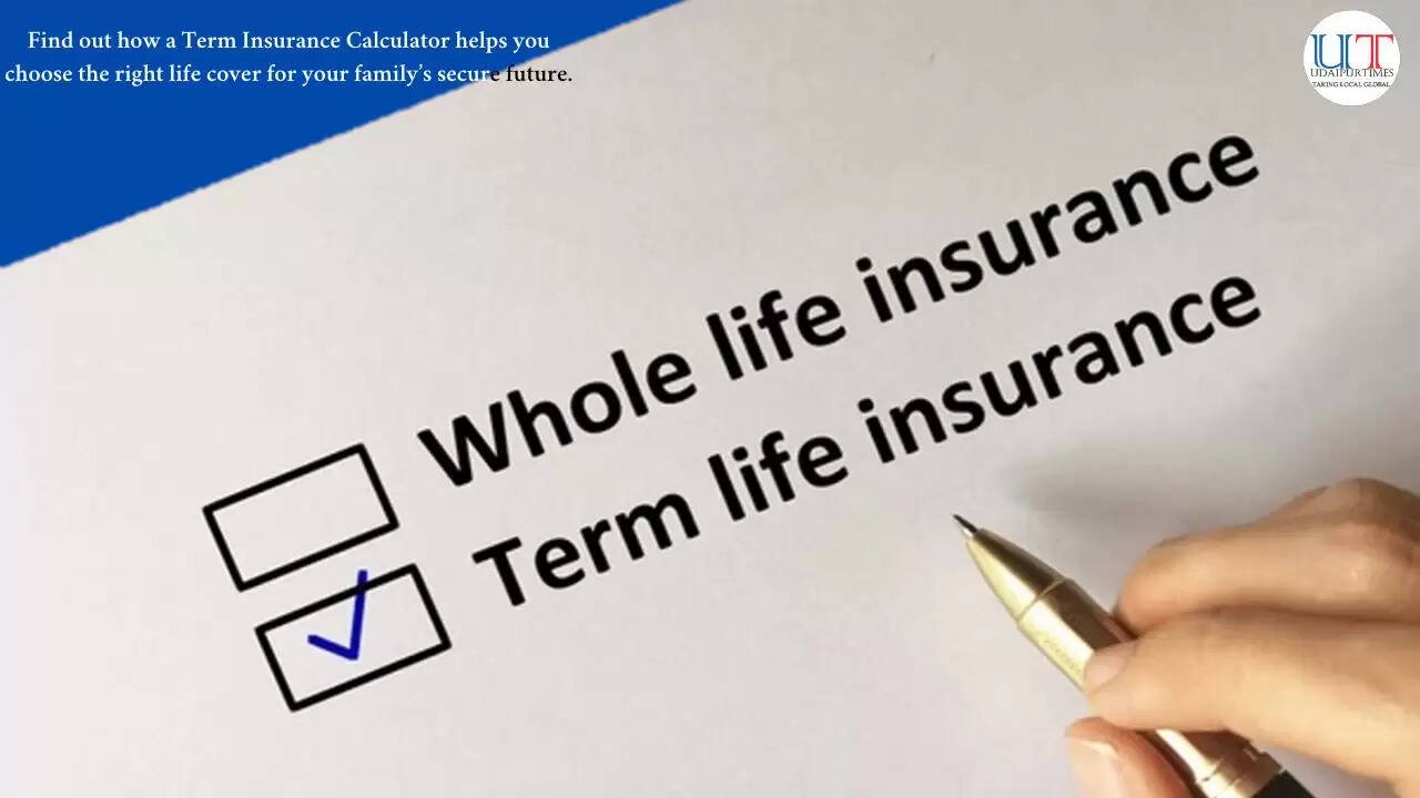 Person using a laptop to calculate term insurance cover with financial charts on screen.