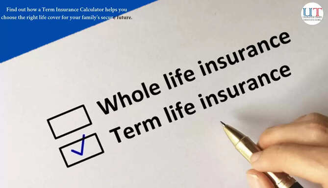 Person using a laptop to calculate term insurance cover with financial charts on screen.