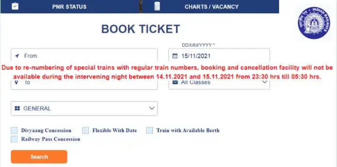 Indian Railway Online Booking System Maintenance for 7 days