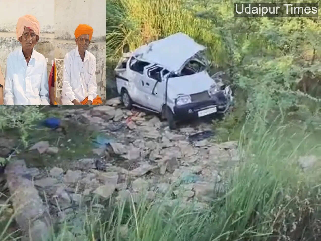 Alt Text: Damaged car after falling from bridge near Bamania village in Udaipur where two brothers died