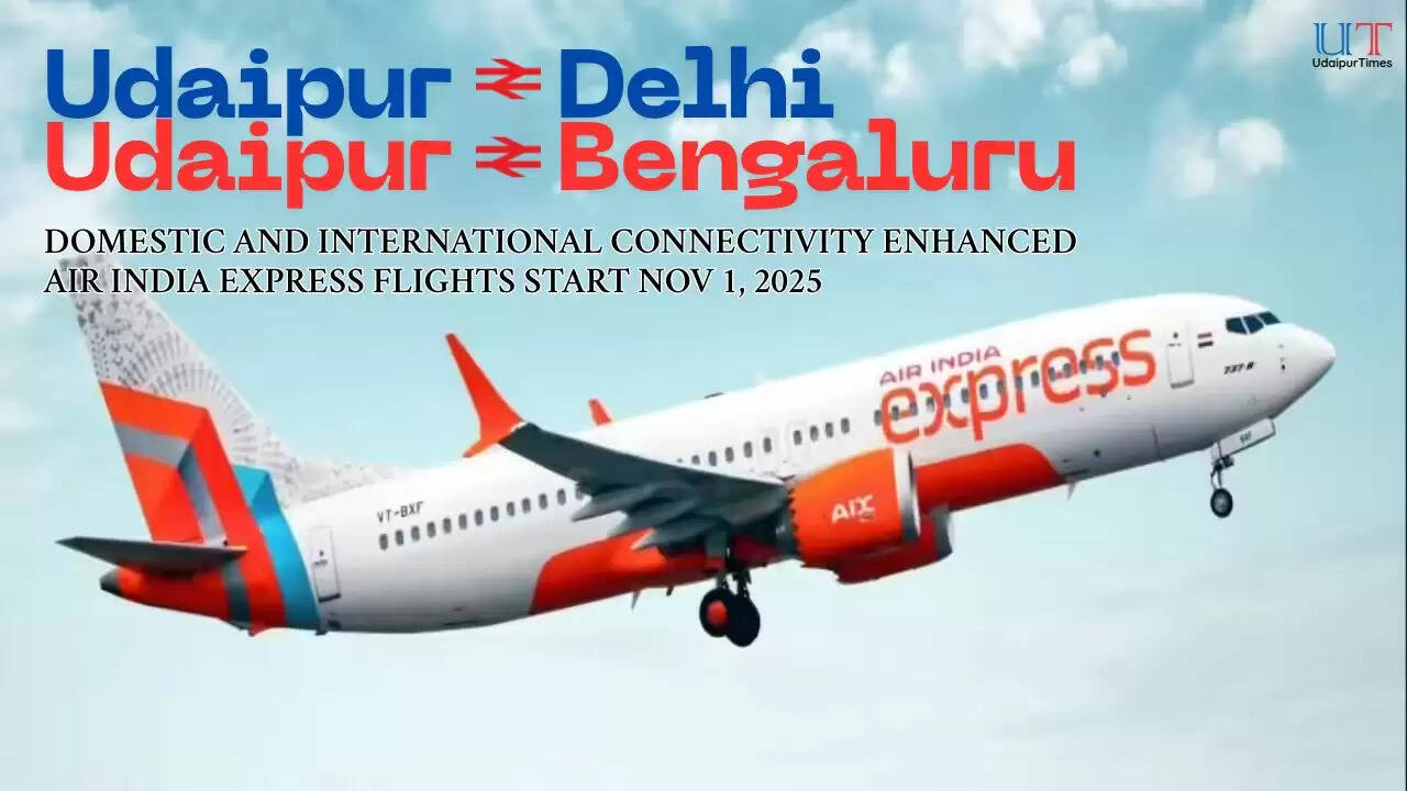 Air India Express plane landing at Udaipur Airport with Udaipur city and lakes in the background, representing new flights from Delhi and Bengaluru starting November 2025