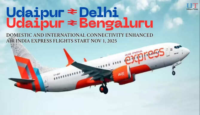 Air India Express plane landing at Udaipur Airport with Udaipur city and lakes in the background, representing new flights from Delhi and Bengaluru starting November 2025