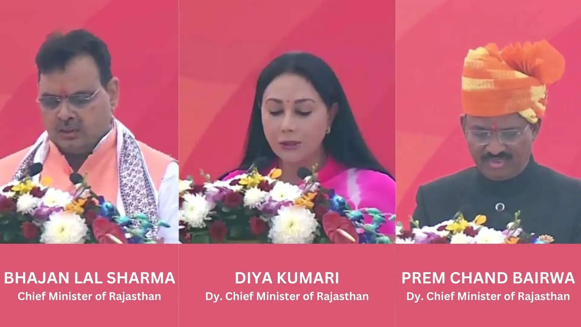 Rajasthan Chief Minister Bhajan Lal Sworn to Office in the pResence of Narendra Modi, Diya Kumari, Dy Chief MInister of Rajasthan  Sworn to Office in the presence of Narendra Modi, Prem Chand Bairwa  Sworn to Office in the presence of Narendra Modi
