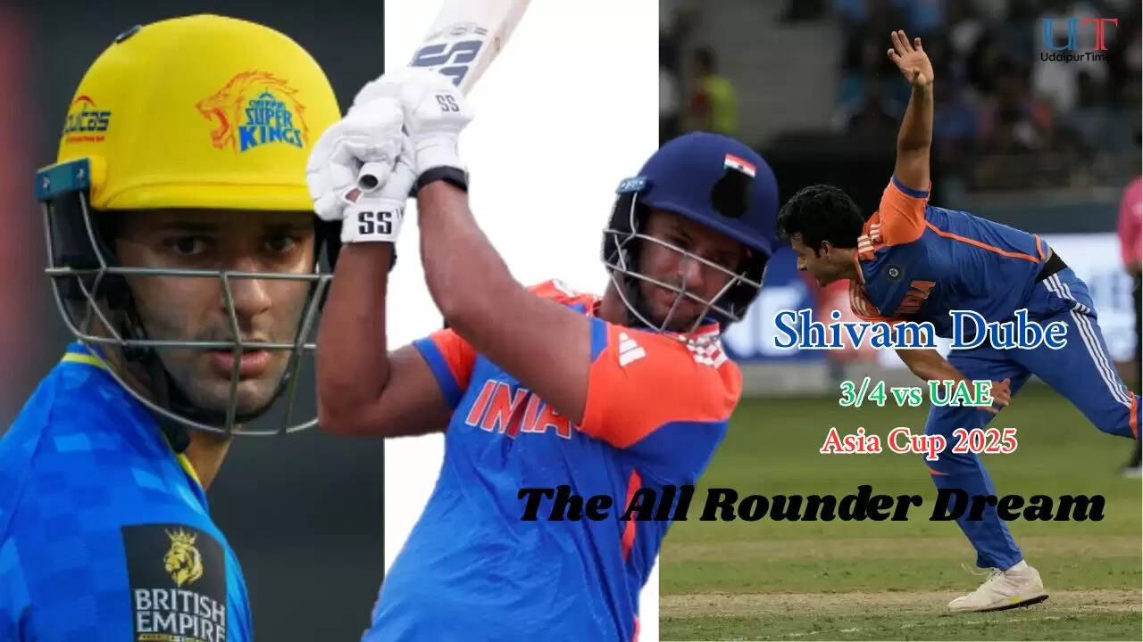 Shivam Dube celebrates after taking three wickets against UAE in Asia Cup 2025