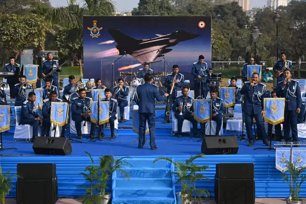 Indian Air Force Band performs during 150 years celebration of Vande Mataram at Rajiv Chowk New Delhi