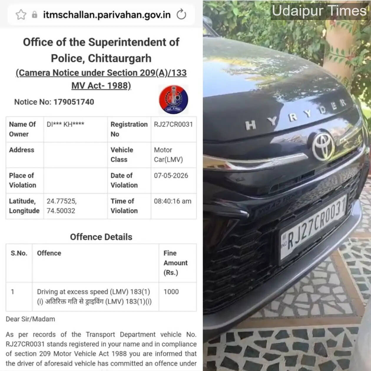 Udaipur businessman showing CCTV proof after receiving fake overspeed challan from Chittorgarh while SUV was parked at home&rdquo;