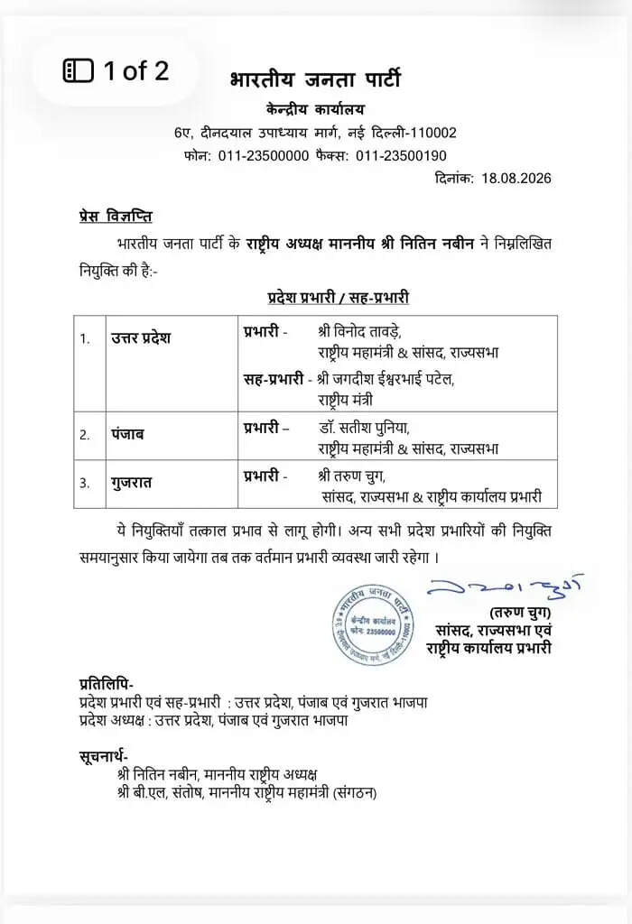 यूपी-पंजाब और गुजरात में BJP राष्ट्रीय अध्यक्ष ने की अहम नियुक्तियां