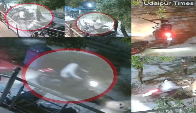 Alt Text: Two thieves stealing a KTM bike captured on CCTV in Udaipur Hiran Magri