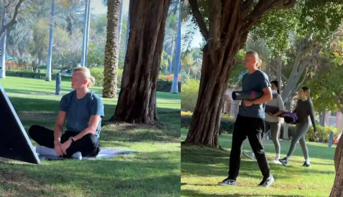 Manchester City and Norway striker Erling Haaland takes part in an outdoor yoga session, highlighting his disciplined fitness and recovery routine.