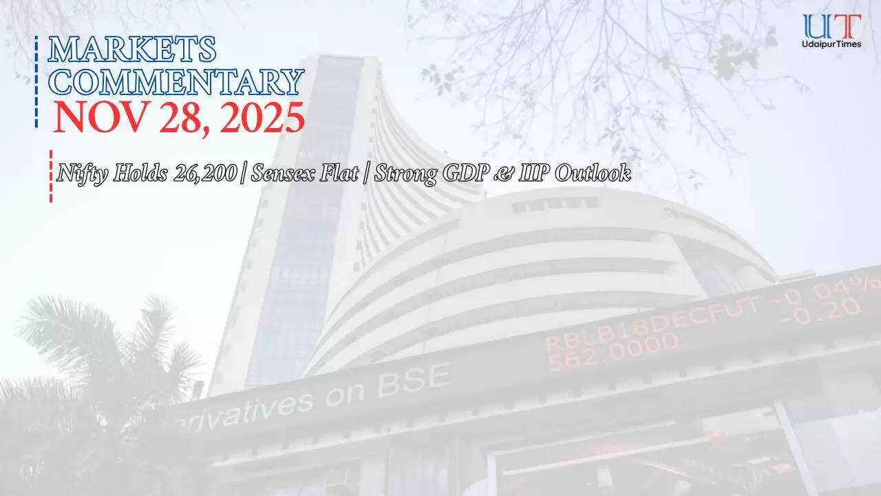 Indian stock market closes flat with Nifty near 26,200 and Sensex marginally lower on November 28, ahead of Q2 GDP and IIP data