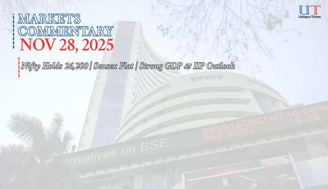 Indian stock market closes flat with Nifty near 26,200 and Sensex marginally lower on November 28, ahead of Q2 GDP and IIP data
