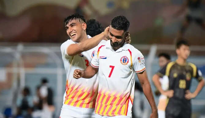 East Bengal forward PV Vishnu celebrates after scoring a hat-trick during the club's commanding 8-0 victory over CISF Protectors in the Durand Cup.
