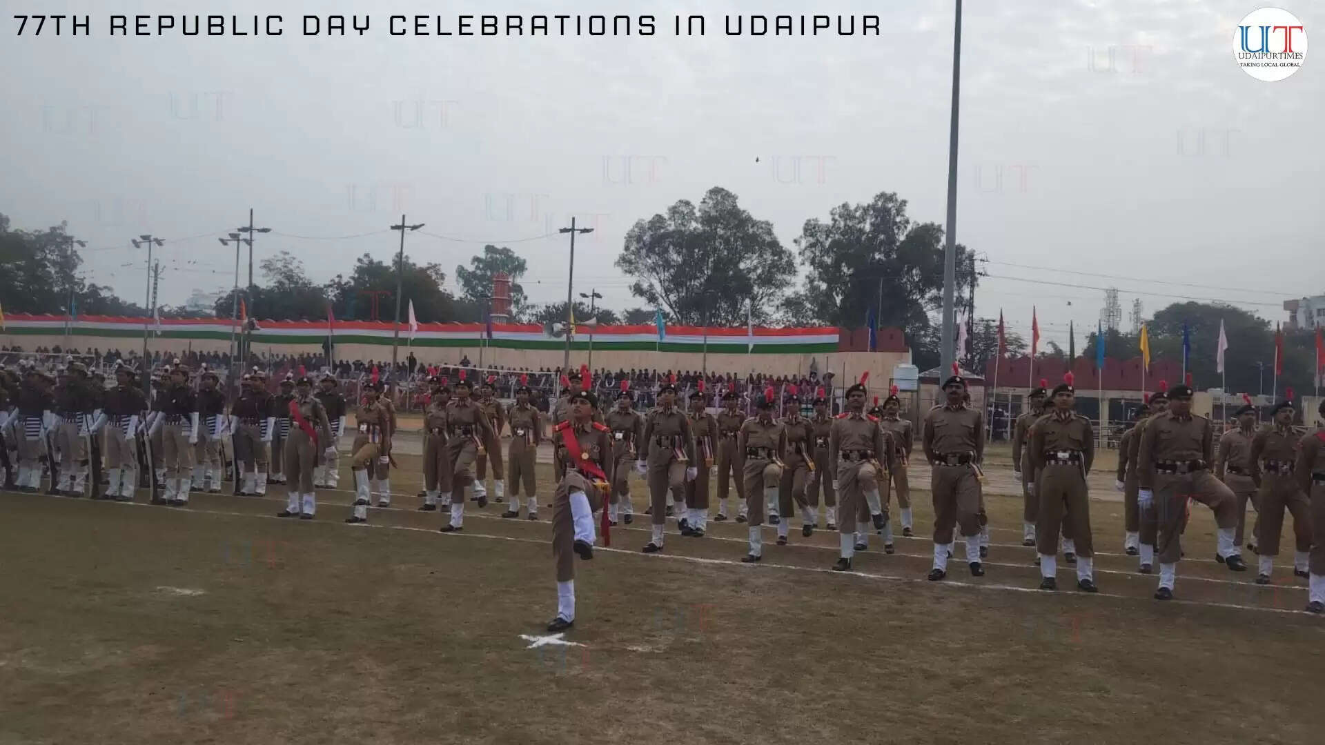 Flag hoisting ceremony during 77th Republic Day celebrations at Gandhi Ground, Udaipur