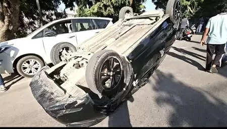 Overturned car after major accident in Subhash Nagar Udaipur&rdquo;