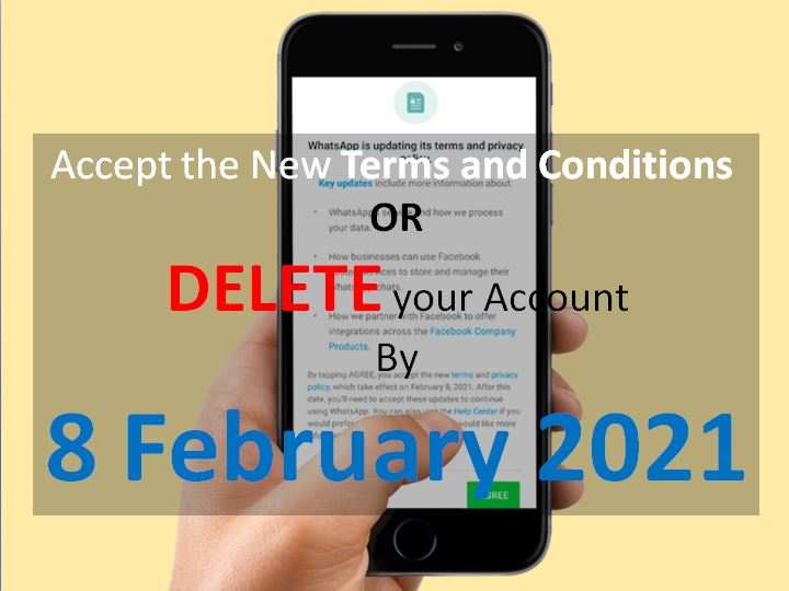 Accept new Terms & Conditions and Privacy Policy of WhatsApp before 8 February 2021 or DELETE your account