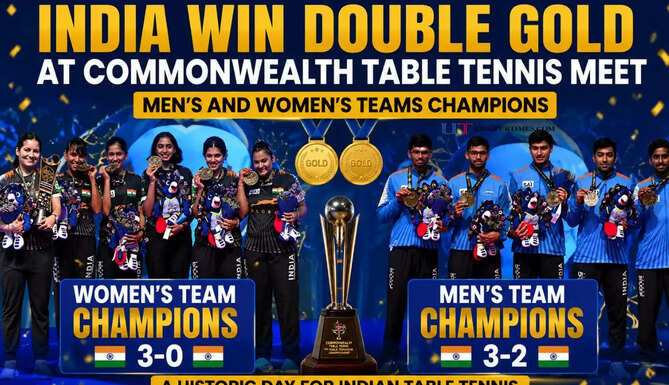 Indian men's and women's table tennis teams celebrate after winning gold medals at the Commonwealth Table Tennis Championships in New Delhi.