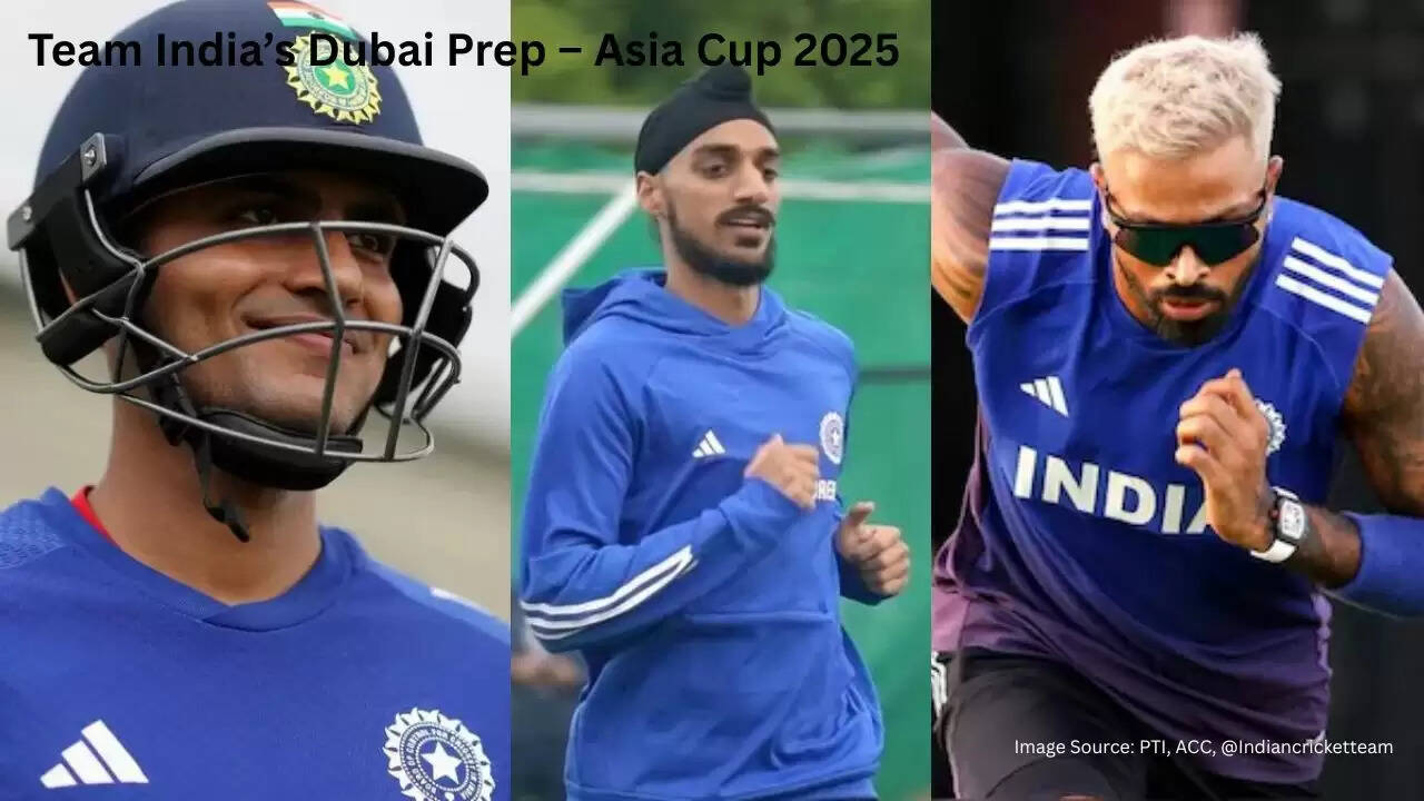 Indian cricket team players practicing at ICC Academy Dubai ahead of Asia Cup 2025, featuring Jasprit Bumrah, Shubman Gill, and Suryakumar Yadav