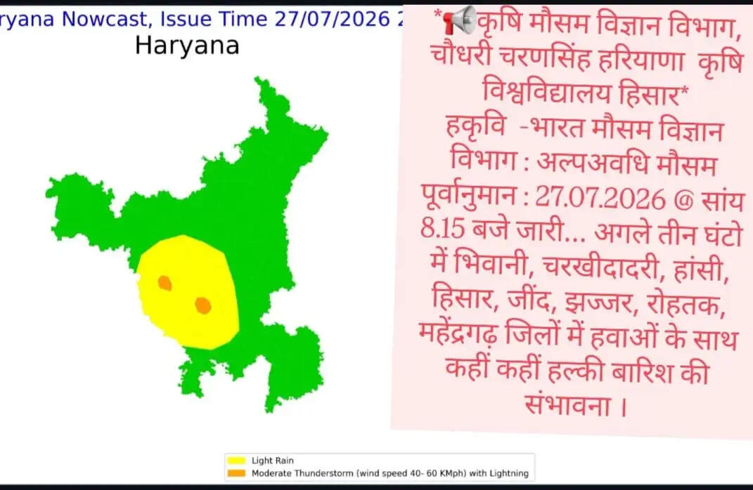 हरियाणा के हिसार समेत कई जिलों में अगले 3 घंटे में बारिश का अलर्ट ! देखें नई वेदर रिपोर्ट&nbsp;