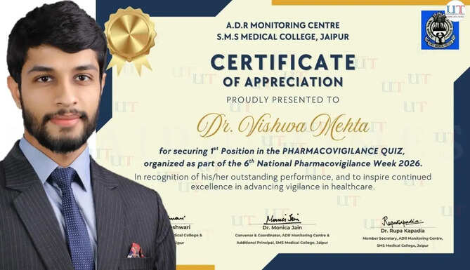 Udaipur Local News, People of Udaipur: Dr. Vishwa Mehta of Udaipur has secured first place at the National-Level Quiz Competition organized as part of the 6th Pharmaco-Vigilance Week 2026