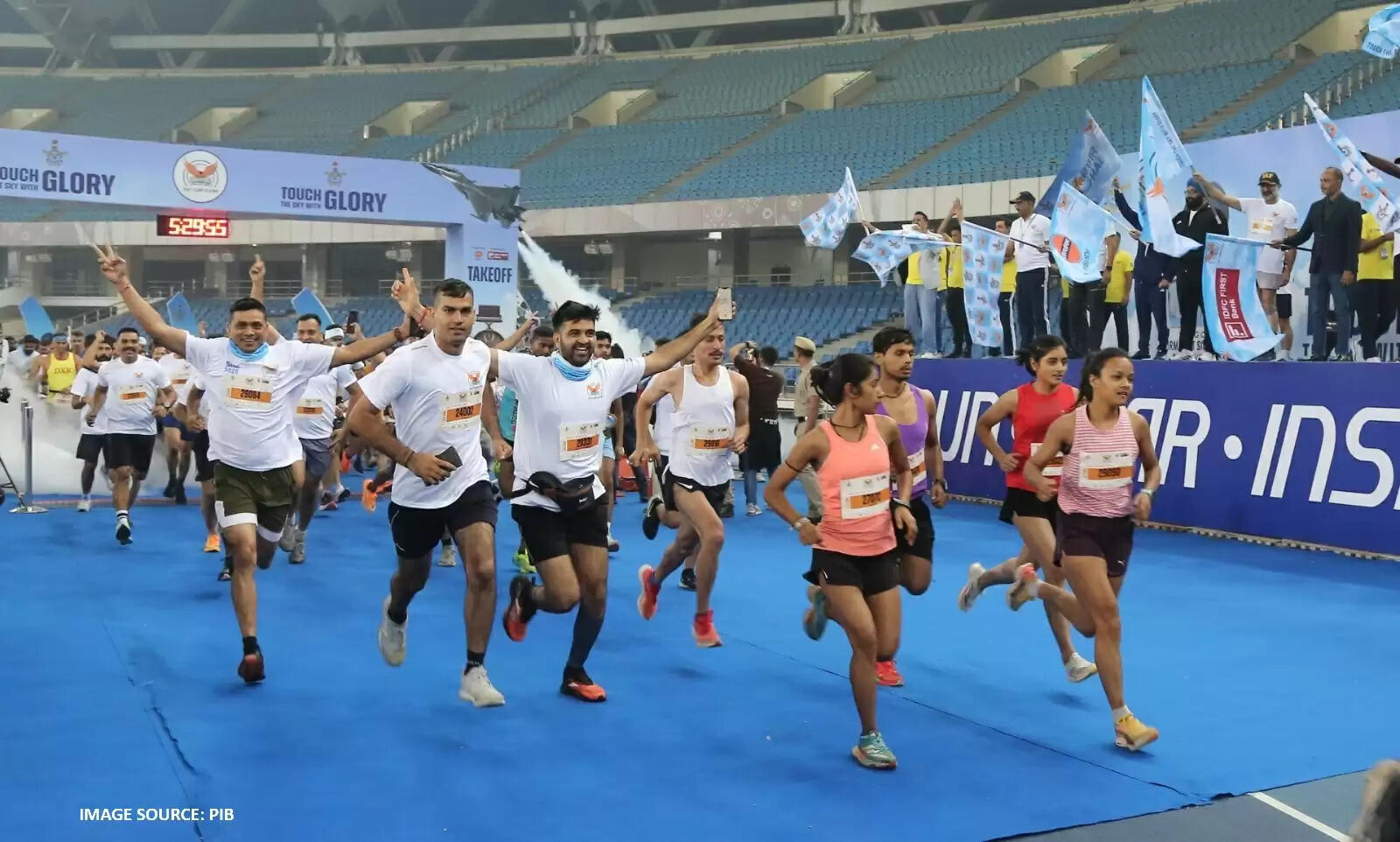 Air Force officers, athletes, and citizens participating in the Sekhon Indian Air Force Marathon 2025 in Delhi