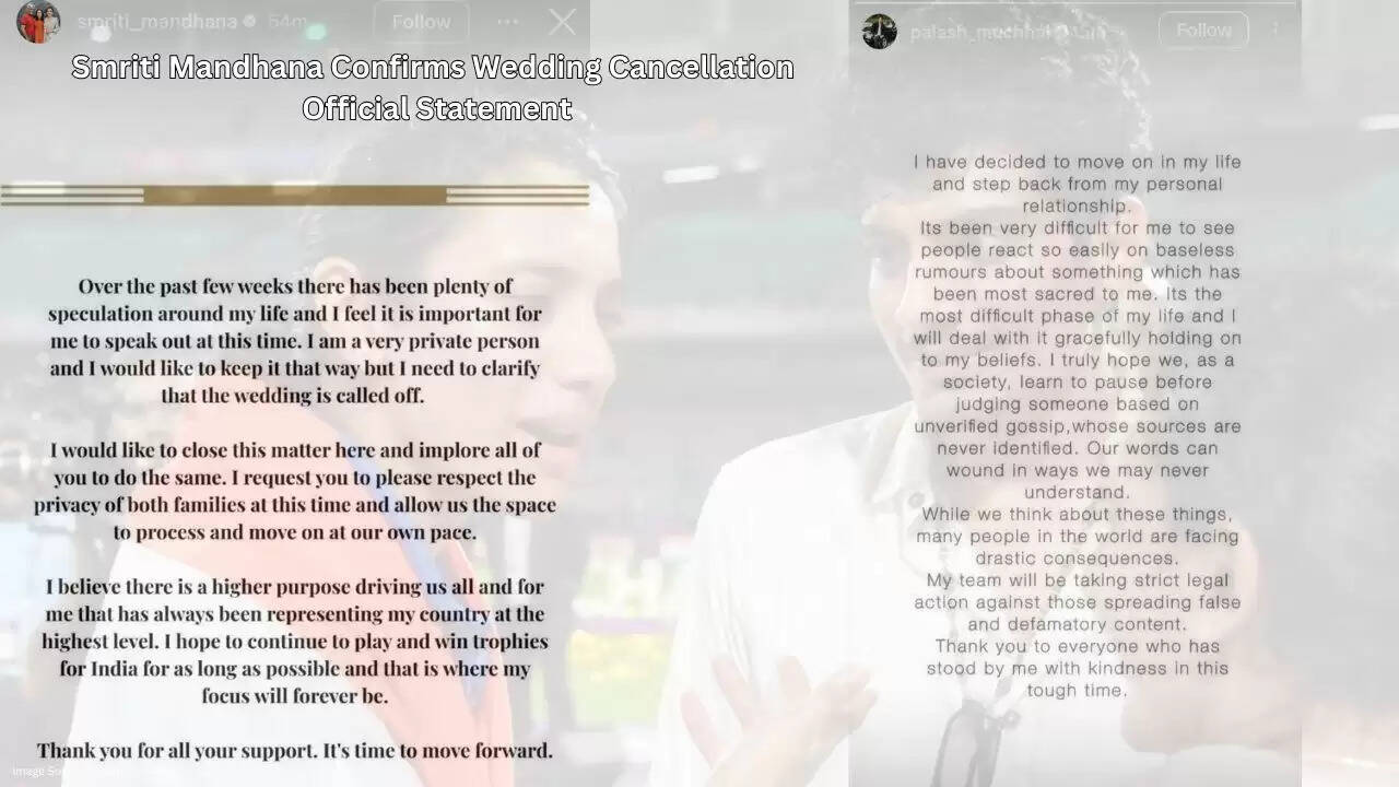 Smriti Mandhana announces cancellation of her wedding with Palash Muchhal on Instagram