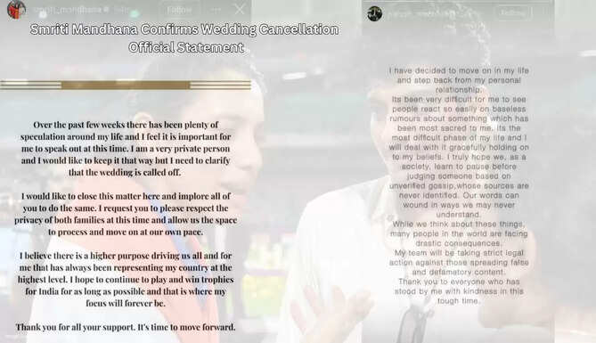 Smriti Mandhana announces cancellation of her wedding with Palash Muchhal on Instagram
