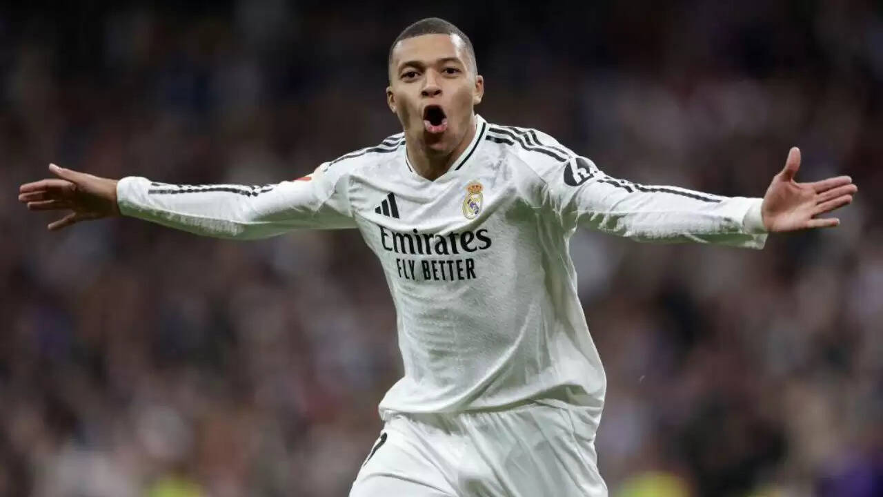 Kylian Mbapp&eacute; celebrating after scoring for Real Madrid during the 2025 football season