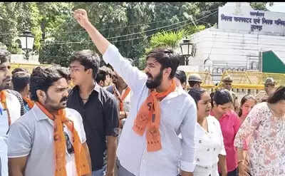 ABVP students protesting against MLSU VC Sunita Mishra in Udaipur&rdquo;