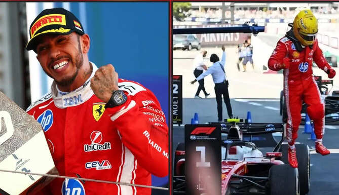 Lewis Hamilton celebrates after winning the Spanish Grand Prix for Ferrari and becoming the first Formula 1 driver over 40 to win a race in more than three decades.