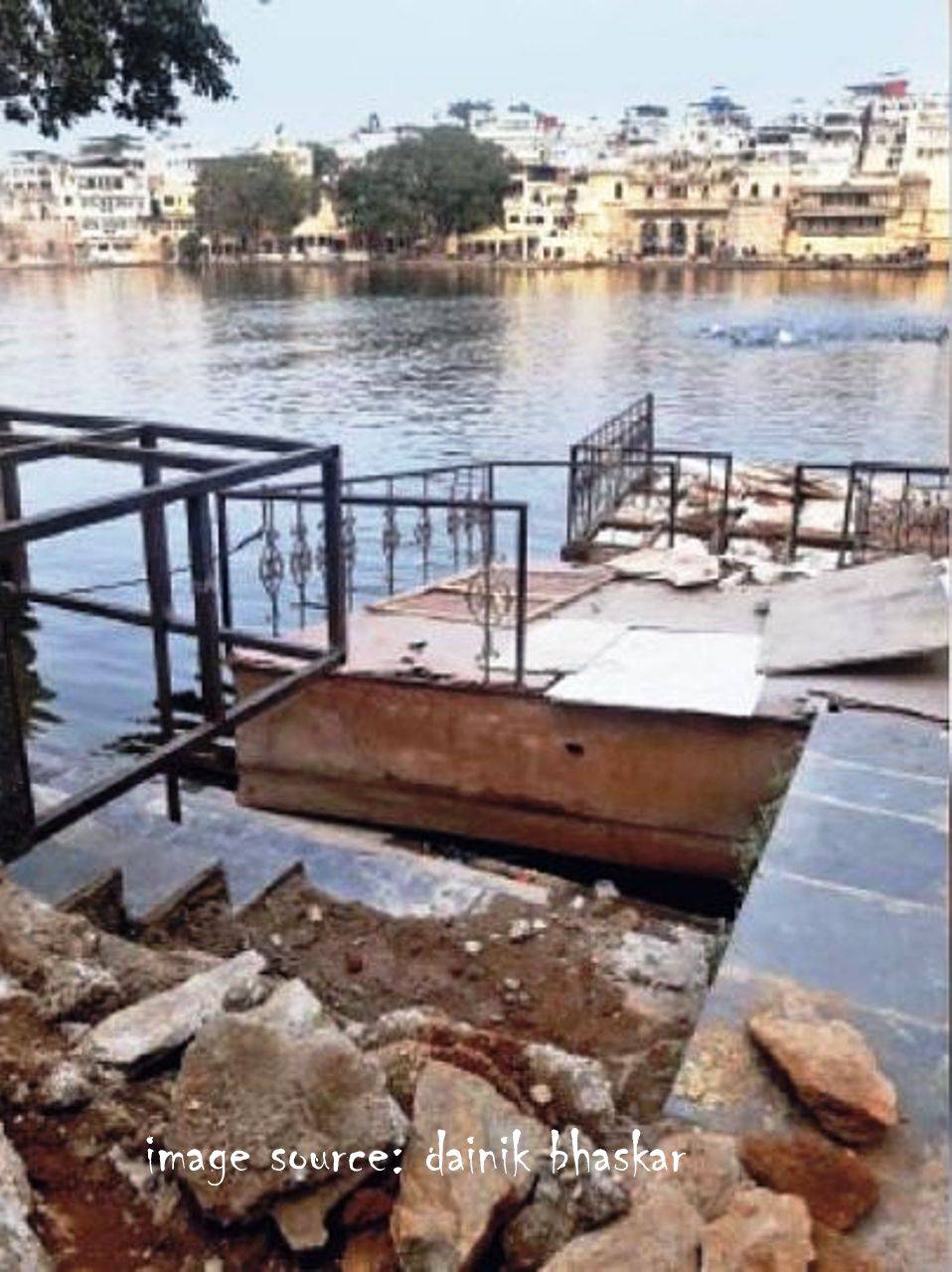 Lake ghat damaged by a hotel for the purpose of jetty