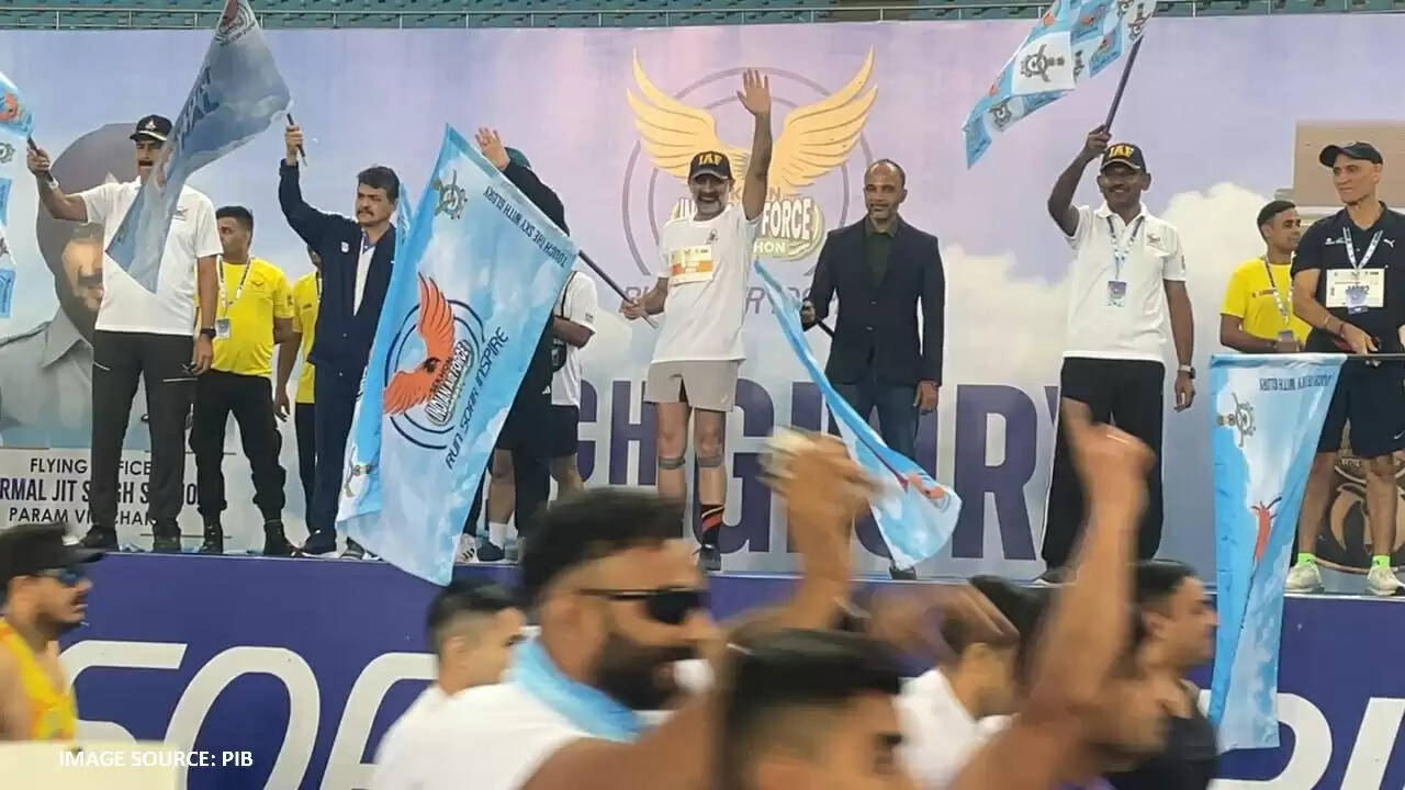 Air Force officers, athletes, and citizens participating in the Sekhon Indian Air Force Marathon 2025 in Delhi