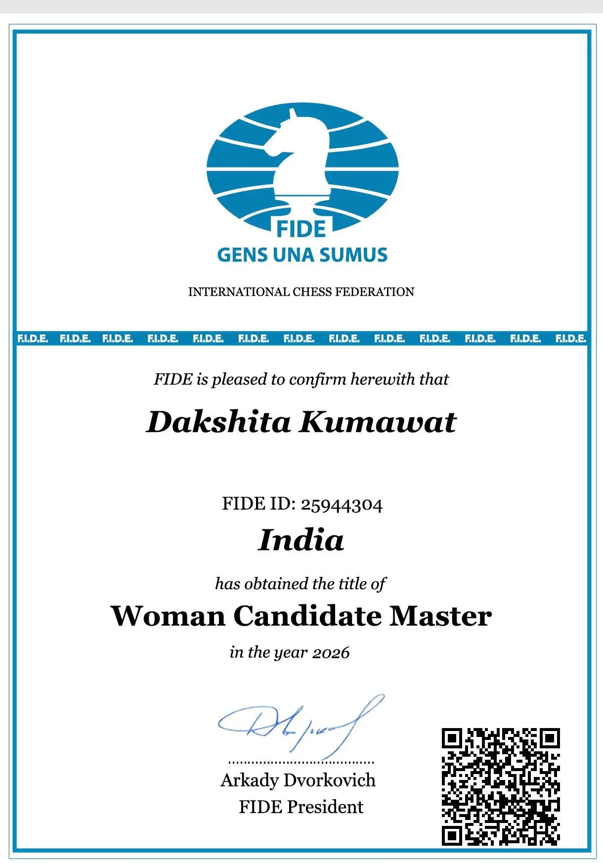 Dakshita Kumawat becomes Rajasthan’s highest-rated female chess player after earning Woman Candidate Master title.