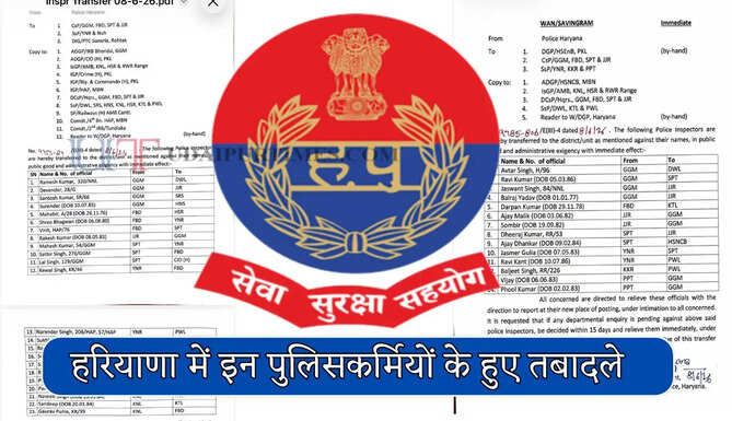  हरियाणा में इन पुलिसकर्मियों के हुए तबादले, देखें पूरी लिस्ट&nbsp;