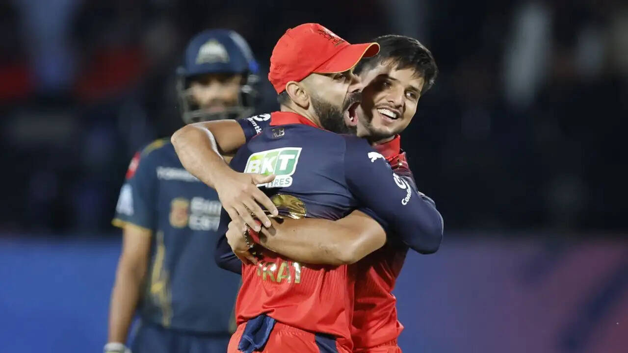 Rajat Patidar celebrates after scoring 93 not out during RCB vs GT IPL 2026 Qualifier 1 in Dharamshala