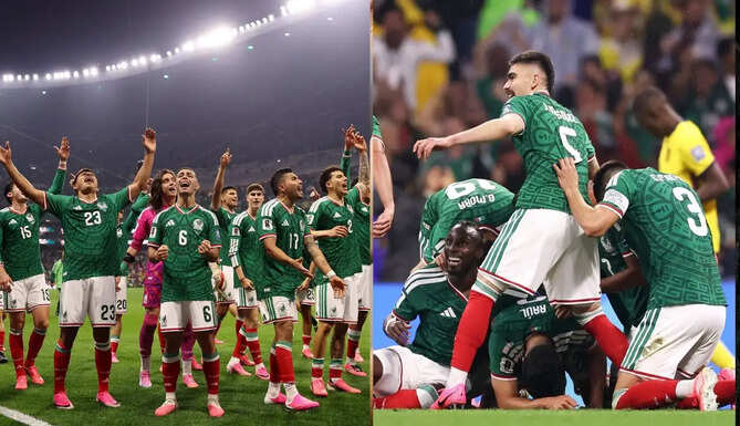 Raul Jimenez and Julian Quinones celebrate after Mexico defeated Ecuador 2-0 to reach the FIFA World Cup Round of 16.