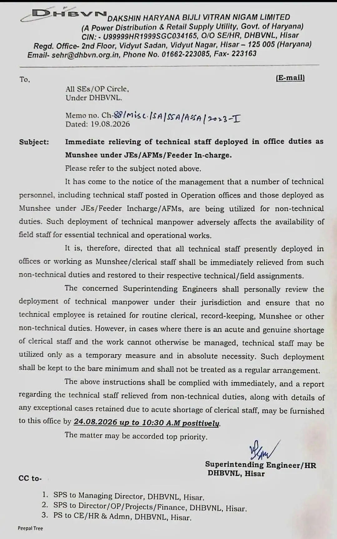 हरियाणा के इन सभी बिजली कर्मियों के लिए बड़ी खबर ! ये नए निर्देश जारी​​​​​​​