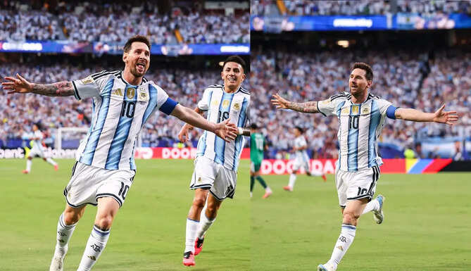 Lionel Messi celebrates after scoring a hat-trick for Argentina against Algeria at the FIFA World Cup.