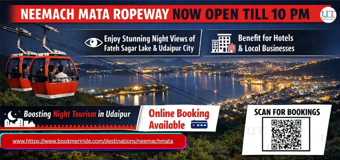 Tourists enjoying the night view from Neemach Mata Ropeway overlooking Fateh Sagar Lake in Udaipur