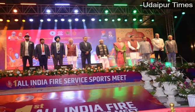 Cabinet Minister Babulal Kharadi inaugurating the 1st All India Fire Service Sports & Meet 2026 at Field Club Udaipur