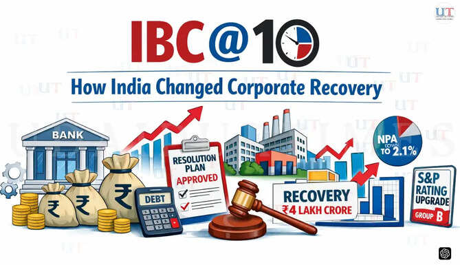 Illustration representing 10 years of India&rsquo;s Insolvency and Bankruptcy Code with banking, debt recovery and corporate restructuring elements