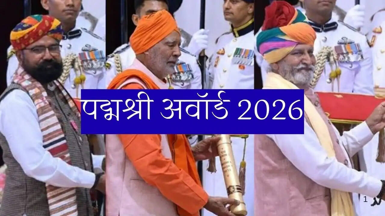 Three Padma Shri awardees from Rajasthan being honoured at Rashtrapati Bhavan during the 2026 ceremony for folk music and social service contributions.