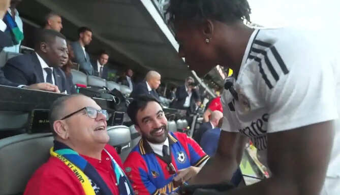 IShowSpeed reacts in surprise after learning he is seated next to New York City Mayor Zohran Mamdani during the Brazil vs Morocco FIFA World Cup 2026 match.