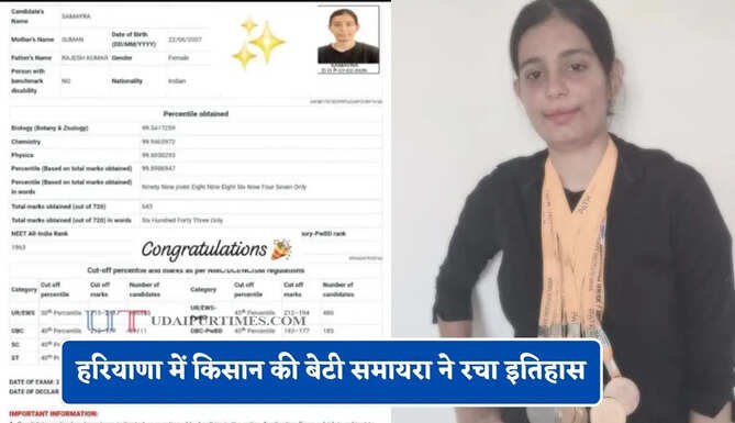 हरियाणा में किसान की बेटी समायरा ने रचा इतिहास, कड़ी मेहनत से NEET में 643 अंक लाकर लहराया परचम&nbsp;