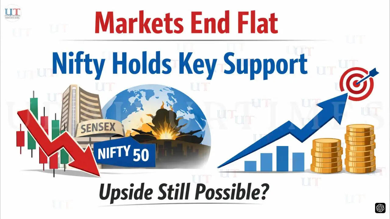 Stock market update showing Sensex and Nifty ending flat amid global tensions with positive outlook for Nifty and Bank Nifty.