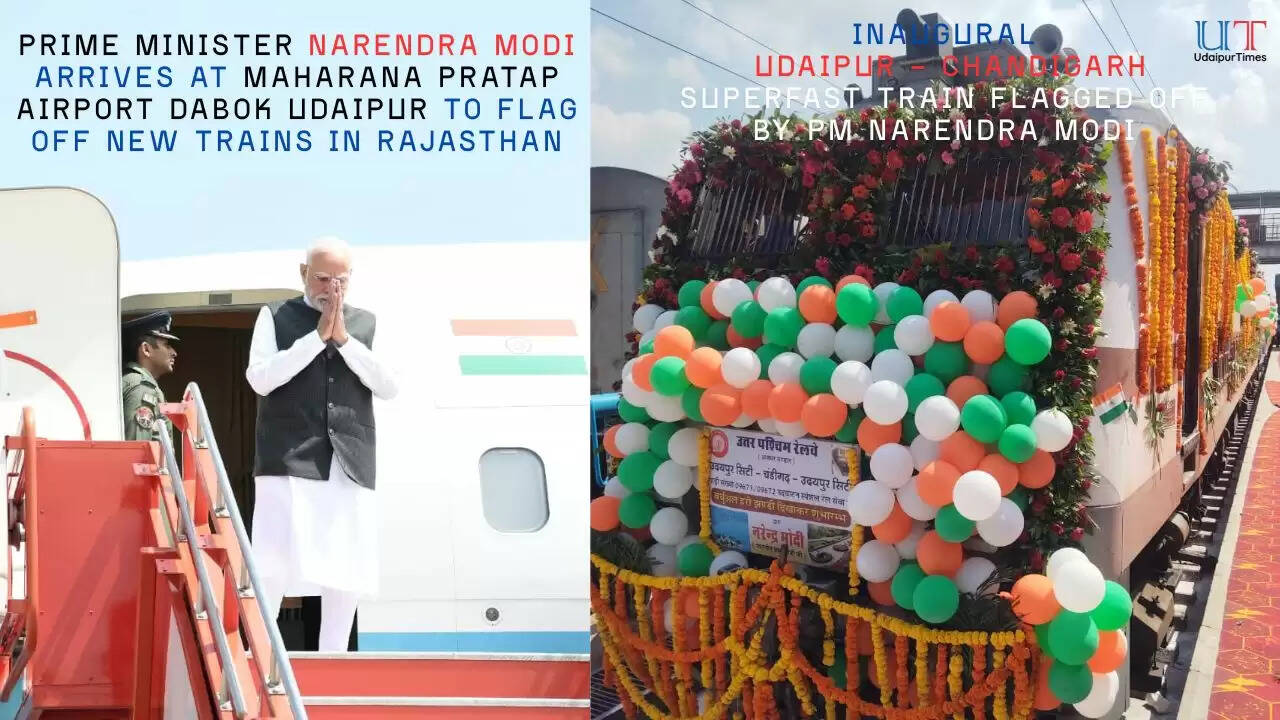 PRIME MINISTER NARENDRA MODI arrives at Maharana Pratap Airport Dabok Udaipur to flag off new trains in Rajasthan | Inaugural  UDAIPUR - CHANDIGARH Superfast Train flagged off by PM Narendra Modi